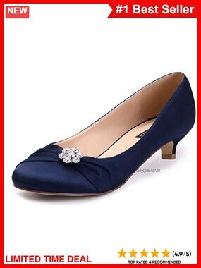Satin Closed Toe Kitten Heel Pumps Rhinestone Brooch Evening Dress Shoes